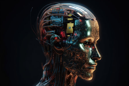 3d rendering of cyborg woman face with cybernetic brain.の素材