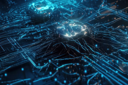 3d illustration of human brain and circuit board, computer generated abstract backgroundの素材