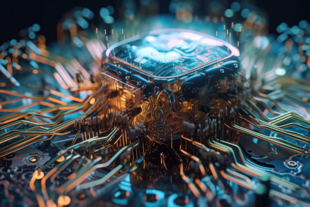 3d illustration of abstract background with circuit board and microchipsの素材