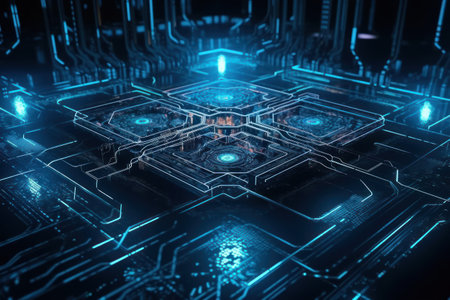 3d rendering of abstract technology concept with circuit board and blue lightsの素材