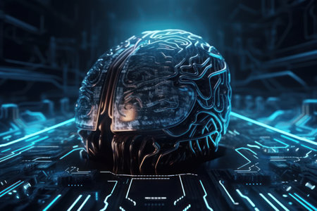 Astronaut helmet and circuit board on dark background 3D renderingの素材