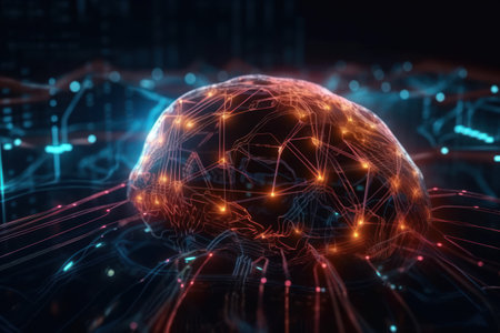 3d rendering of digital human brain with glowing lines on dark backgroundの素材