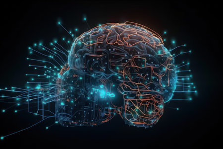 3d rendering of digital human brain with circuit board on dark backgroundの素材