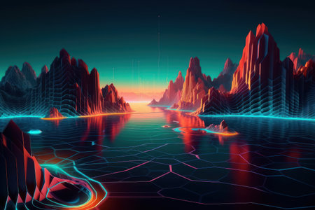 Futuristic landscape with mountains and a river. 3d renderingの素材