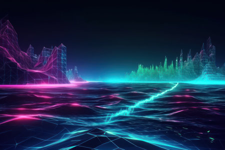3d illustration of abstract technology background with glowing lines and particles.の素材