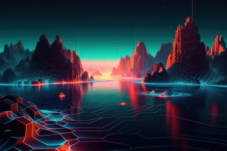 Futuristic landscape with mountains and lake. 3d illustration.の素材