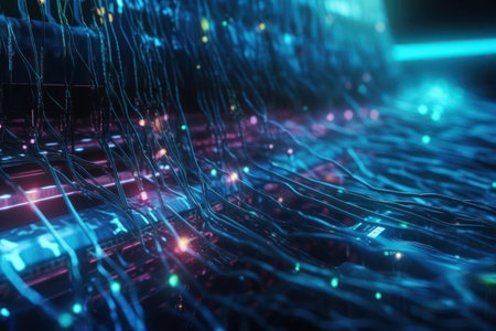 3d illustration of abstract technology background with fiber optic cables and connectionsの素材