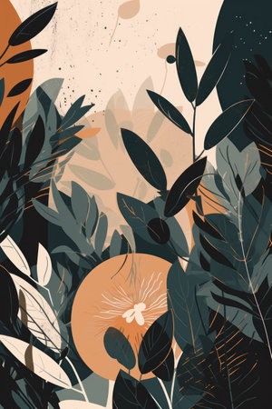 Abstract floral background with tropical leaves. Vector illustration in flat style.の素材