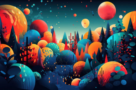 Fantasy landscape with planet and forest. colorful vector illustration.の素材
