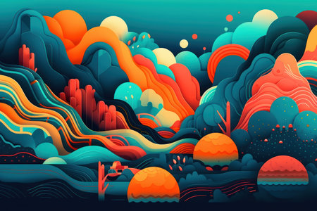Abstract landscape with mountains and colorful clouds. colorful vector illustration.の素材