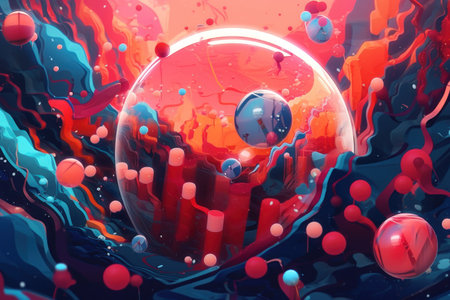 3d illustration of red and blue abstract background with balls and bubblesの素材