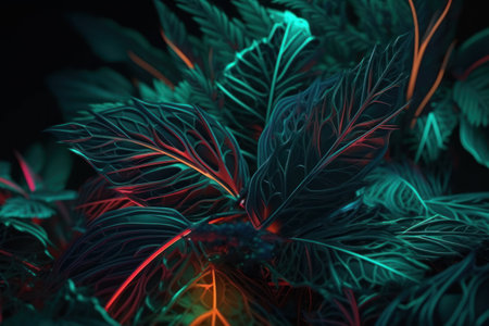 Beautiful tropical leaves in neon light, 3d rendering. computer digital drawing.の素材