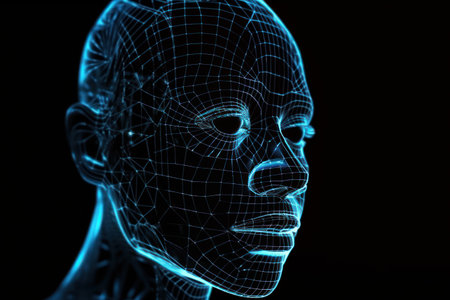 3d rendering of a wireframe female face on a dark backgroundの素材