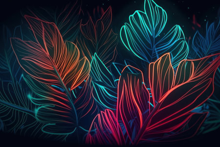 Tropical leaves background. Hand drawn vector illustration in neon colorsの素材