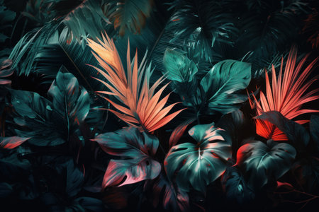 Beautiful tropical leaves on dark background. Color of the year 2019. Toned.の素材