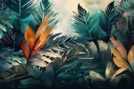 Tropical background with palm leaves and strelitzia.の素材