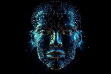 3D rendering of a female robot head with glowing lines on a black backgroundの素材