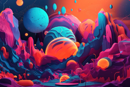 Fantasy landscape with planets, rocks and neon lights. Vector illustrationの素材