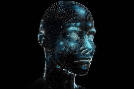 3D rendering of a male cyborg or artificial intelligence concept on black backgroundの素材
