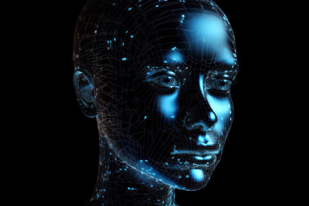 3d rendering of a female cyborg face with digital wireframeの素材