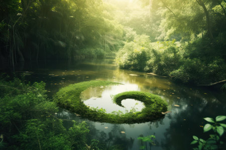 Beautiful lake in the forest with a round hole in the middleの素材