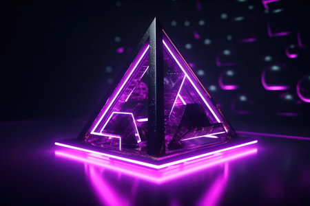 3d illustration of crystal pyramid in neon light. Abstract background.の素材