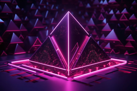 3d illustration of pyramids with neon lights. abstract background.の素材