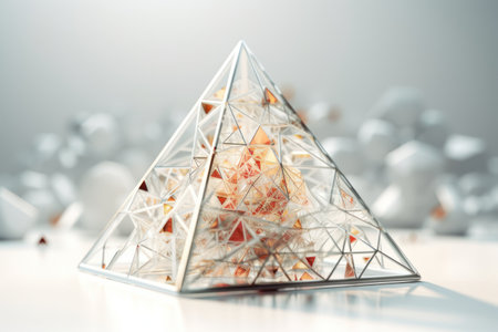 Pyramid made of glass on a white table. 3d renderingの素材