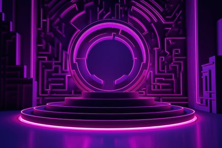 Abstract round podium illuminated with purple neon light. 3D Renderingの素材