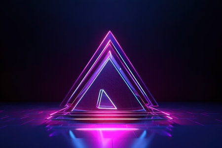 Glowing neon triangle on a dark background. 3d rendering.の素材