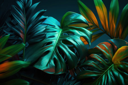 Tropical background with monstera leaves. 3d rendering illustrationの素材