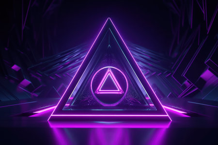 3d rendering of an abstract background with neon lights and a pyramidの素材