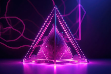 3d illustration of a pyramid in neon light. 3d renderingの素材