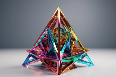 Colorful crystal pyramid on a gray background. 3d illustration.の素材