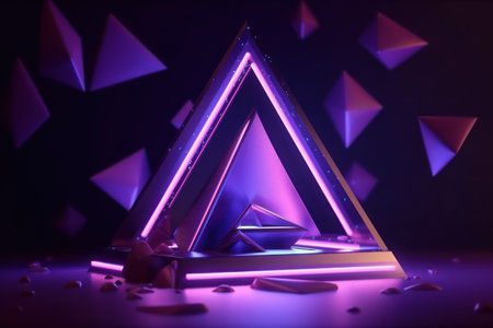 Triangle abstract background. 3D rendering. Neon light effect.の素材
