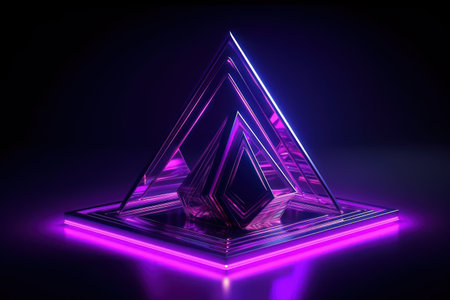 3d rendering of a crystal pyramid with neon lights on a dark backgroundの素材