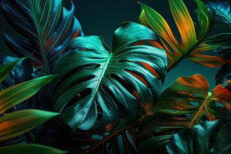 Monstera deliciosa leaves in neon light on dark background. Color of the year 2020 concept.の素材