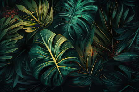 tropical leaves background. Monstera, philodendron, fern, hibiscus, palm leaves.の素材