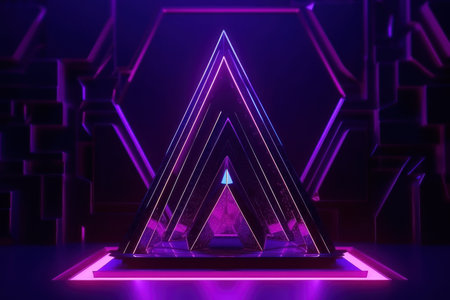 3d render, abstract geometric background, neon lights, triangle shape, purple and blueの素材