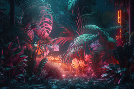3D render of a fantasy night scene with palm trees and neon signsの素材