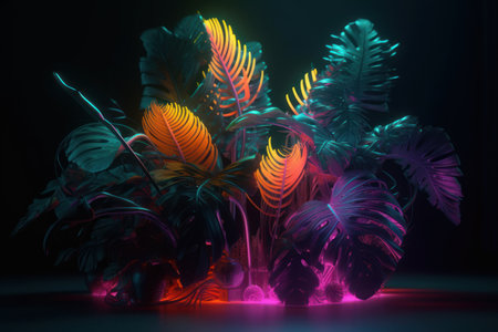 Neon fluorescent palm leaves on black background with copy space. colorful tropical plants.の素材