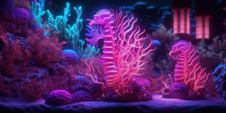Underwater world with corals and seahorses. 3d renderingの素材