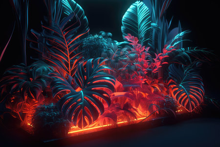 3d illustration of neon palm leaves in a dark room with fluorescent lightsの素材