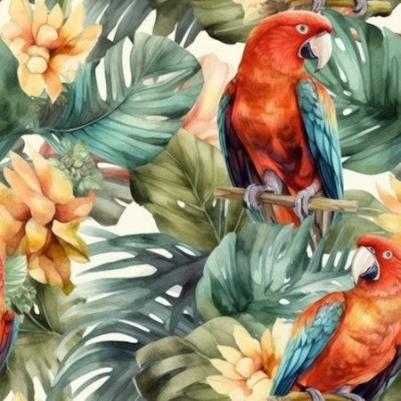 Beautiful vector pattern with nice watercolor parrots and tropical leavesの素材