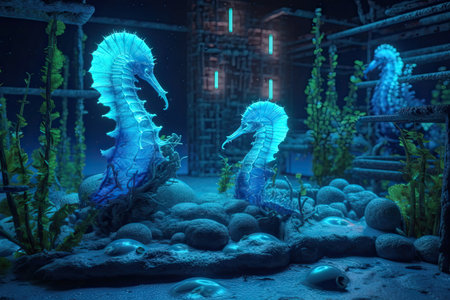 Underwater scene with seahorse and algae. 3D renderingの素材