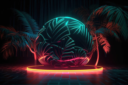 Neon sphere with palm trees on dark background. 3D renderingの素材