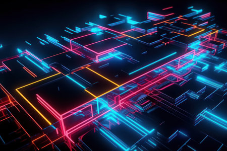 3d render of abstract background with neon lights. Glowing square shape.の素材