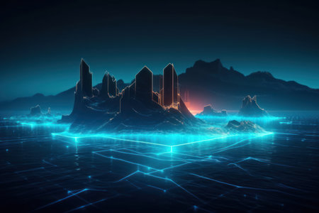 Futuristic city with glowing lights and connection lines. 3d renderingの素材
