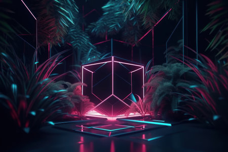 3d render, abstract background with neon light, geometric shape and palm tree. Futuristic concept of science and technology.の素材