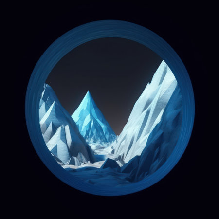 Illustration of a glacier in a round frame on a dark backgroundの素材